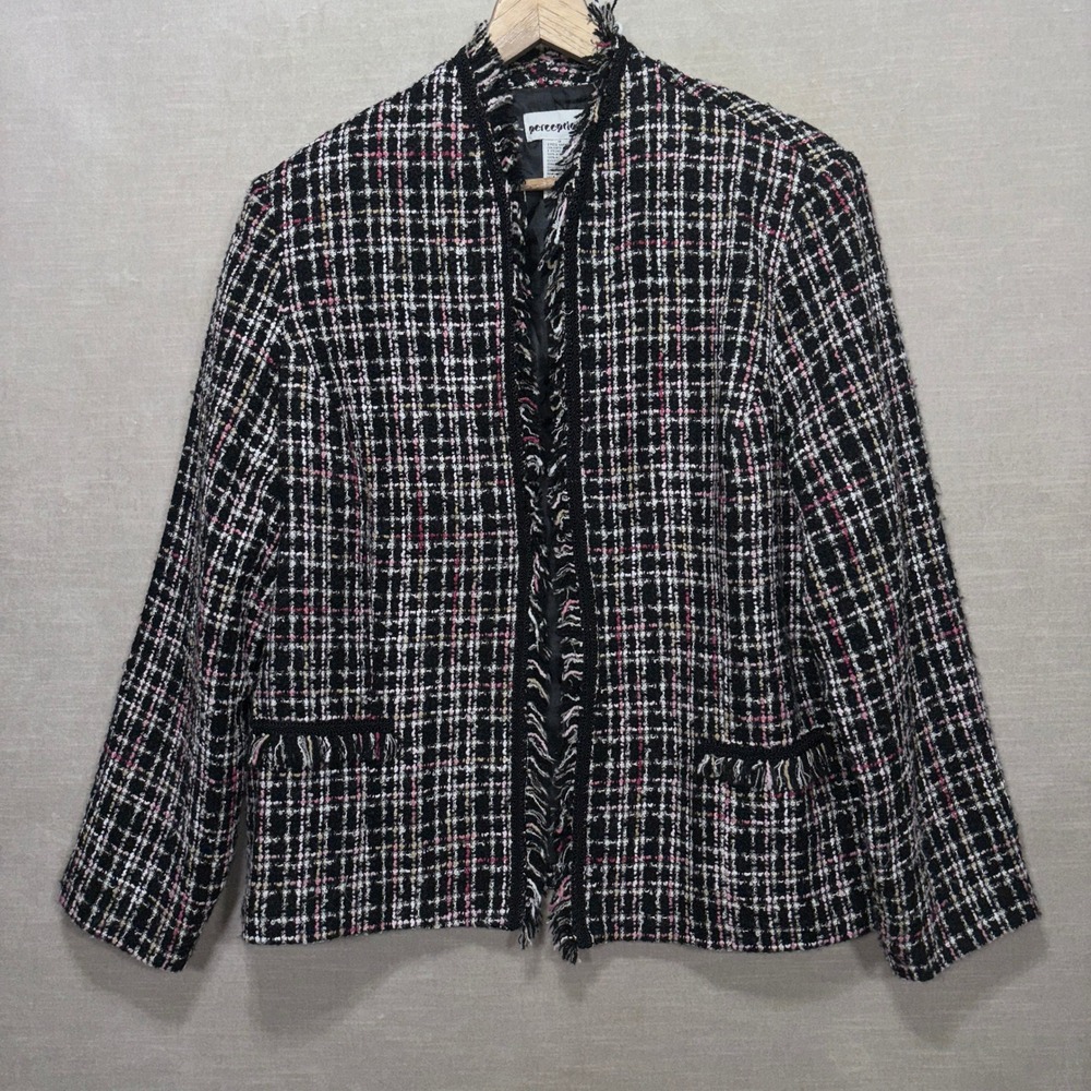 Perceptions Tweed Fringe Blazer Jacket 18 Black‎ White Pink Artsy Retro Chic